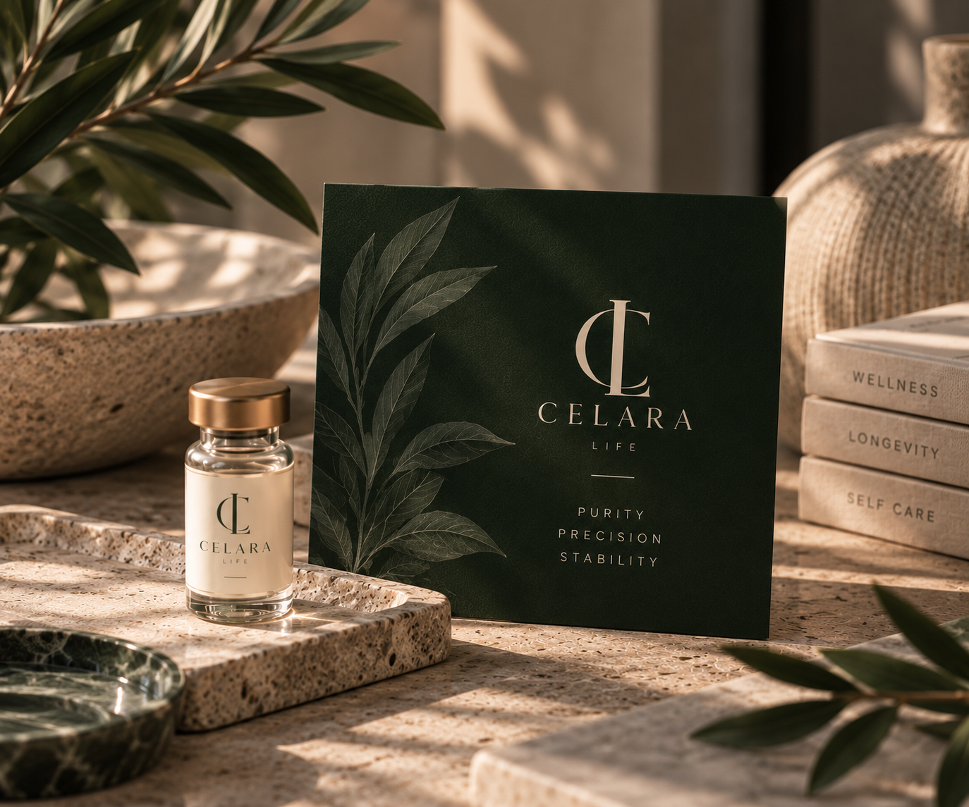 A Celara Life information card beside a research vial on travertine