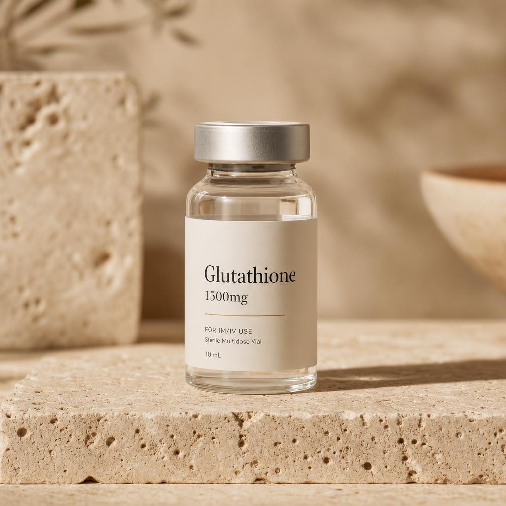 Glutathione 1500mg sterile vial on a stone ledge